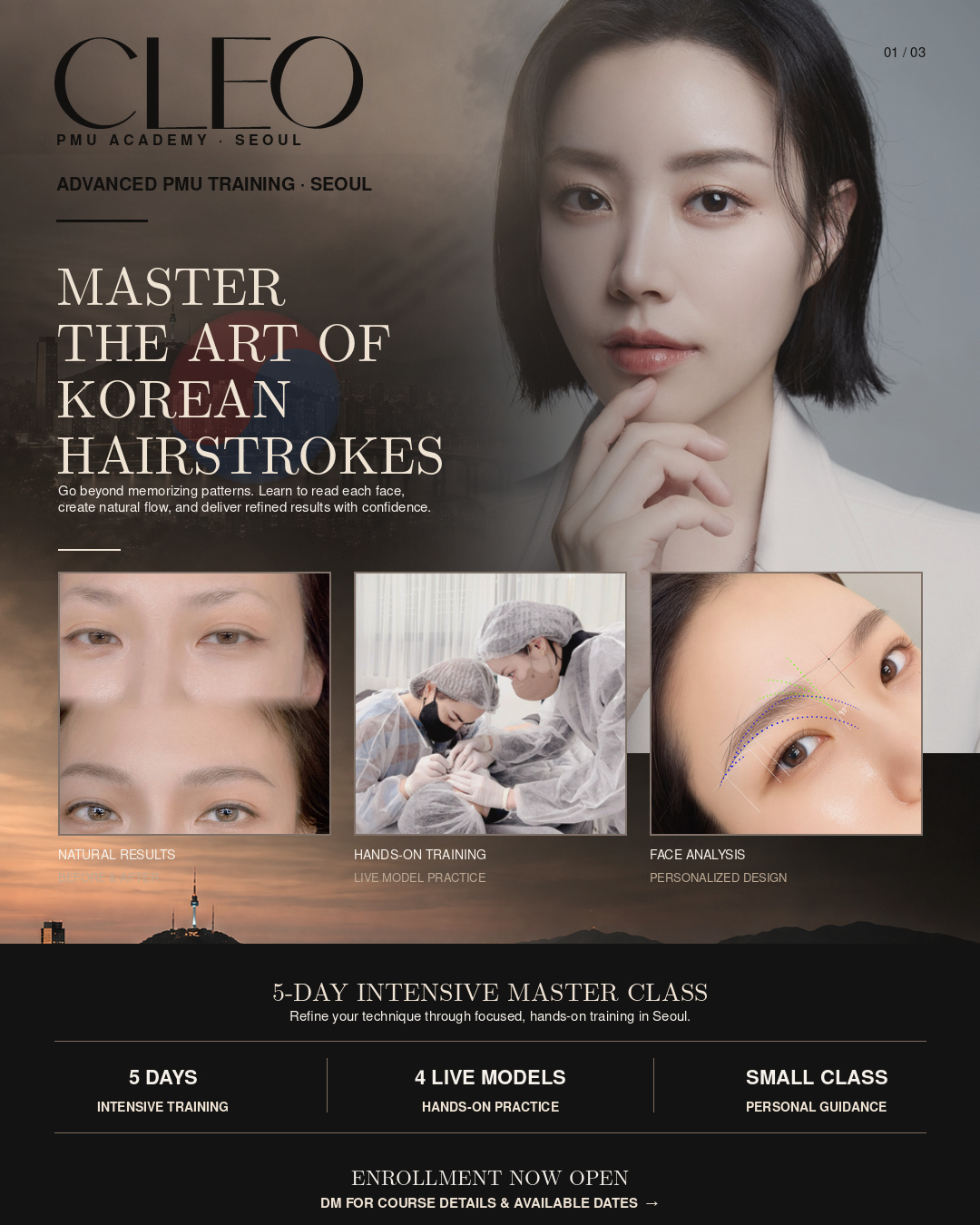 CLEO Korean hairstrokes master class: director portrait, before and after work, hands-on training and face analysis