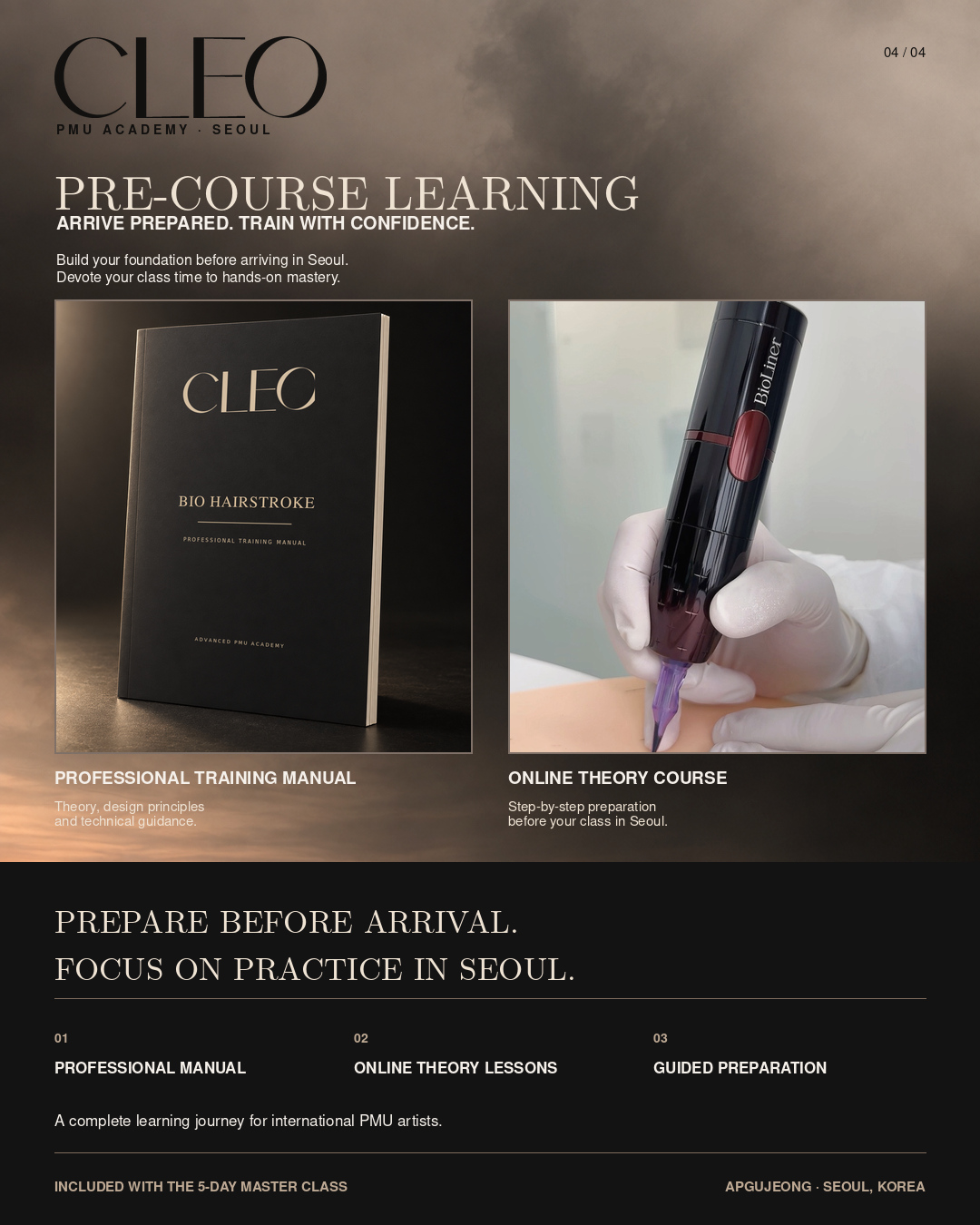 CLEO pre-course learning: professional Bio Hairstroke manual, online theory lessons and guided preparation