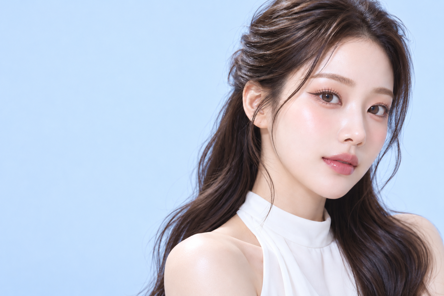 AI-generated CLEO beauty campaign with long half-up hair, soft rosy makeup and defined natural-looking brows